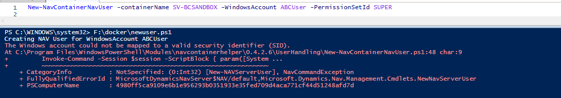 The windows account could not be mapped to a valid security identifier (sid).